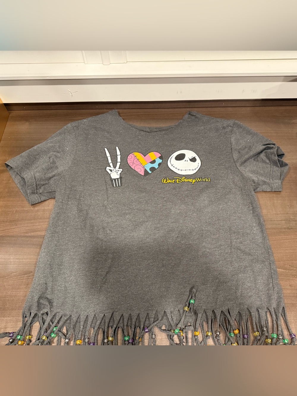 Disney Gray Jack Skellington Peace Heart Fringe Tee